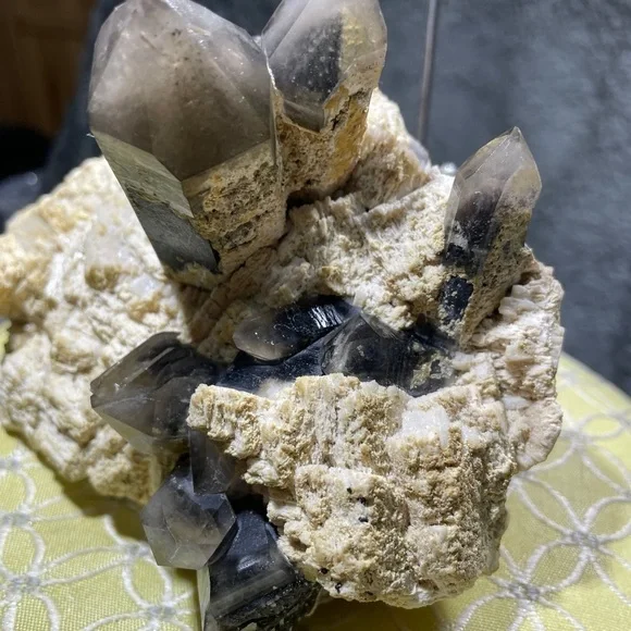 BLACK SMOKY QUARTZ- yellow calcite raw crystal cluster perfect 2”points 5”x5” - Picture 6 of 11